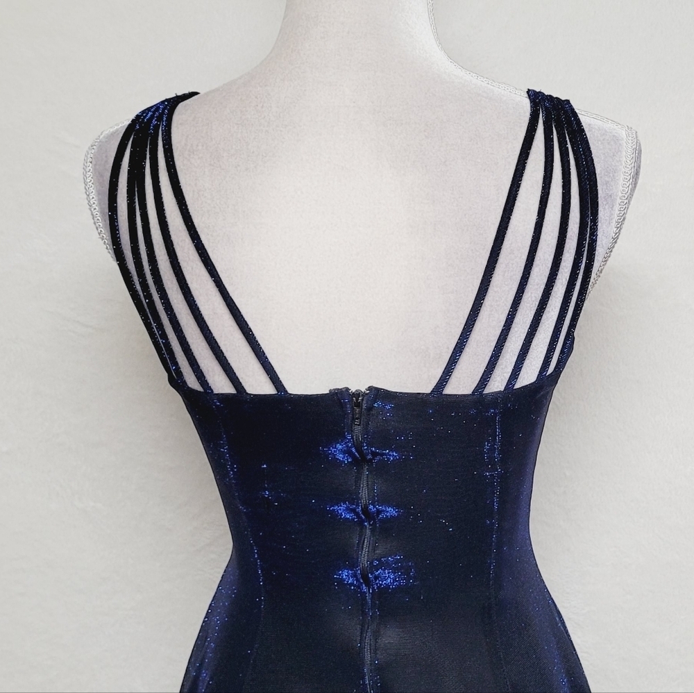 Vintage 90s All That Jazz Blue Metallic Mesh Strappy Fit & Flare Mini Dress - Picture 10 of 13